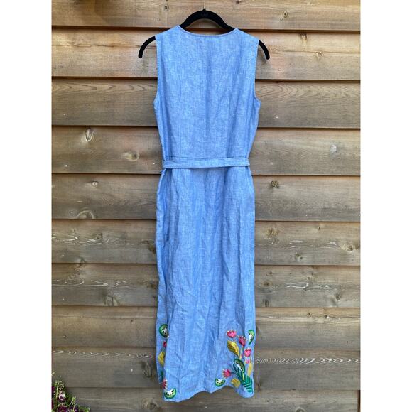 Boden blue chambray tropical bird embroidered linen midi dress - Picture 4 of 10